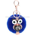 2015 Fashion owl rhinestone Keychain/fur ball keychain/rabbit fur pompoms
